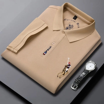 Men's High-quality Summer New Embroidered Lapel Men's Short Sleeved Polo Shirt with Tassel Solid Color Business Casual Men's Pol