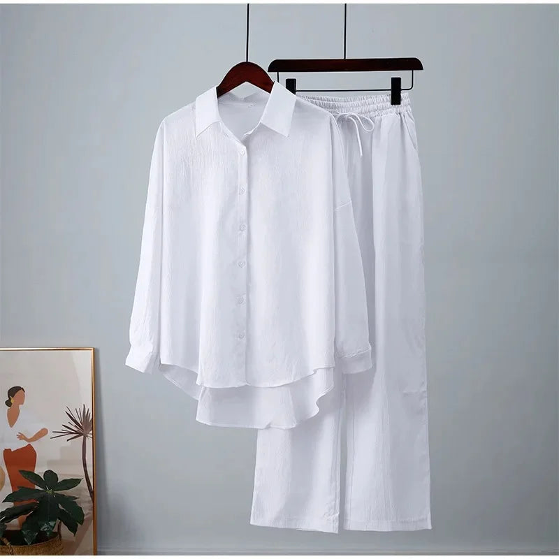 2024 New Style Amazon Autumn/Winter Cotton Linen Solid Color Loose-Fit Shirt Wide-Leg Trousers Casual Suit For Women