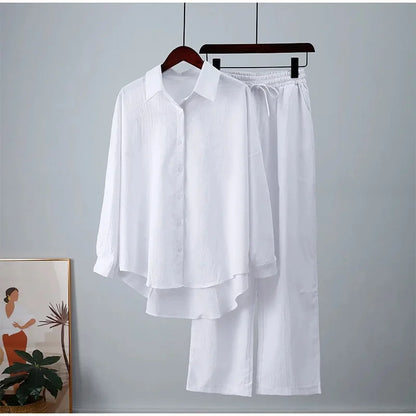 2024 New Style Amazon Autumn/Winter Cotton Linen Solid Color Loose-Fit Shirt Wide-Leg Trousers Casual Suit For Women