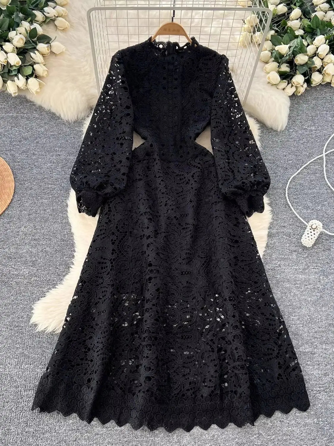 Autumn Vintage Embroidery Hollow Out Dresses Women's Stand Collar Long Sleeve Solid High Waist Elegant Wedding Party Vestidos