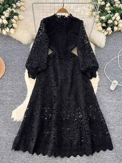 Autumn Vintage Embroidery Hollow Out Dresses Women's Stand Collar Long Sleeve Solid High Waist Elegant Wedding Party Vestidos
