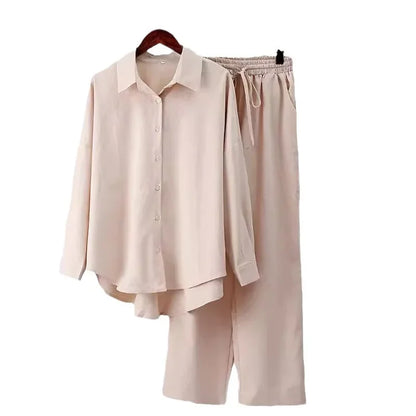 2024 New Style Amazon Autumn/Winter Cotton Linen Solid Color Loose-Fit Shirt Wide-Leg Trousers Casual Suit For Women