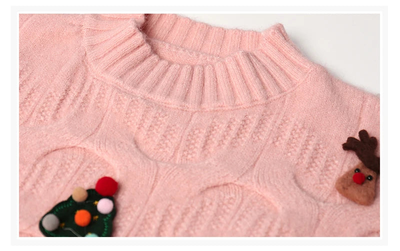 Women Christmas Pullover Knitted Sweater Y2k Fashion Harajuku Korean Vintage O-Neck Long Sleeves Red Sweaters 2000s Clothes 2024