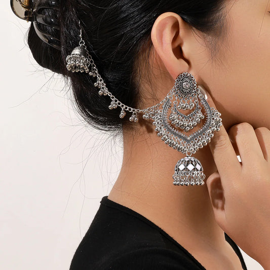 Ethnic Heart Shape Blue Crystal Earrings Vintage Silver Color Metal Hollow Tassel Earrings Female Wedding Jewelry Gift