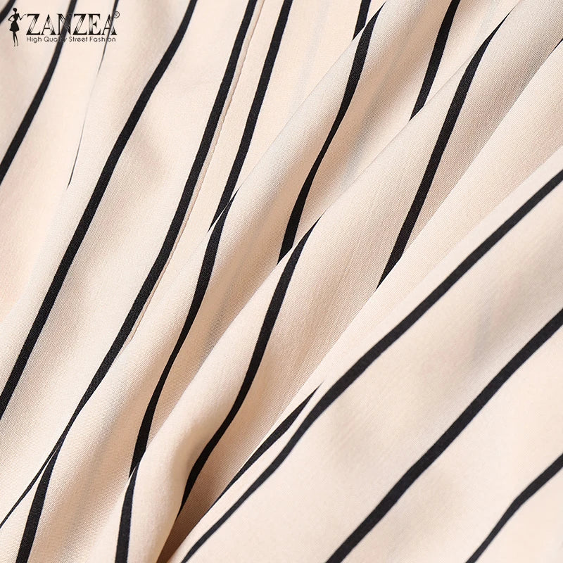 ZANZEA Women Fashion Tie-Front Striped Blouses 2025 Summer Stylish V-Neck Short Sleeve Tops Elegant Casual Commute Blusas Mujer