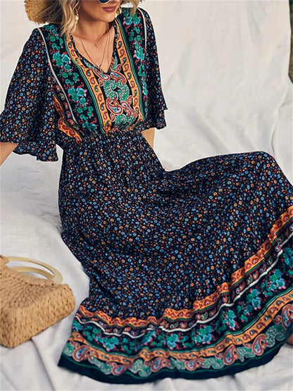 Boho Retro Printed Long Beach Dress Summer Women Flare Short Sleeve V Neck Summer A-Line Dress 2022 Party Elegant Dress