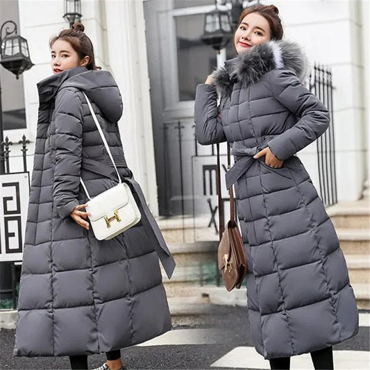 Women Parkas Fur Collar Hooded Cotton Padded Long Coat  Jackets