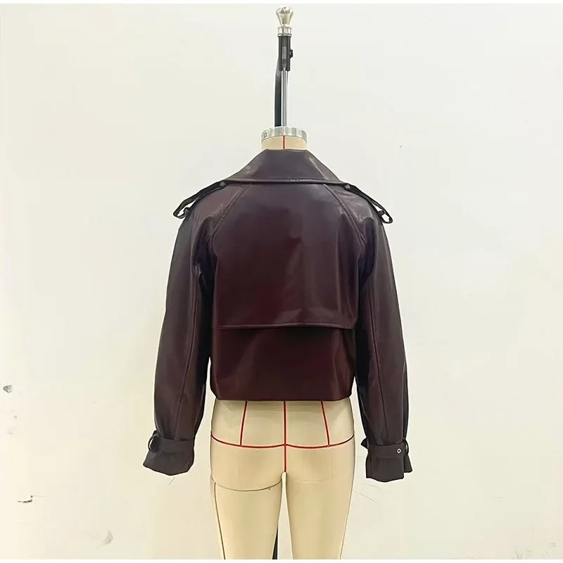 Brown Lapel Leather Bomber Jacket Women's Fashion Full Sleeve Zipper Pocket Lace Up Belt Coat 2025 Autumn High Street Outerwear