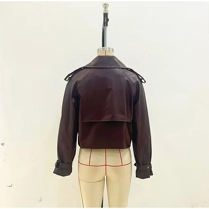 Brown Lapel Leather Bomber Jacket Women's Fashion Full Sleeve Zipper Pocket Lace Up Belt Coat 2025 Autumn High Street Outerwear