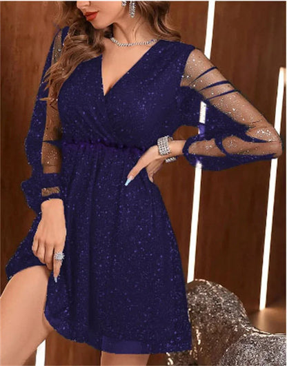 Elegant Mesh Splicing Long Sleeve Gown Women Party Fashion Glitter Deep V Neck Dress New Female Commuter High Waist Midi Dresses