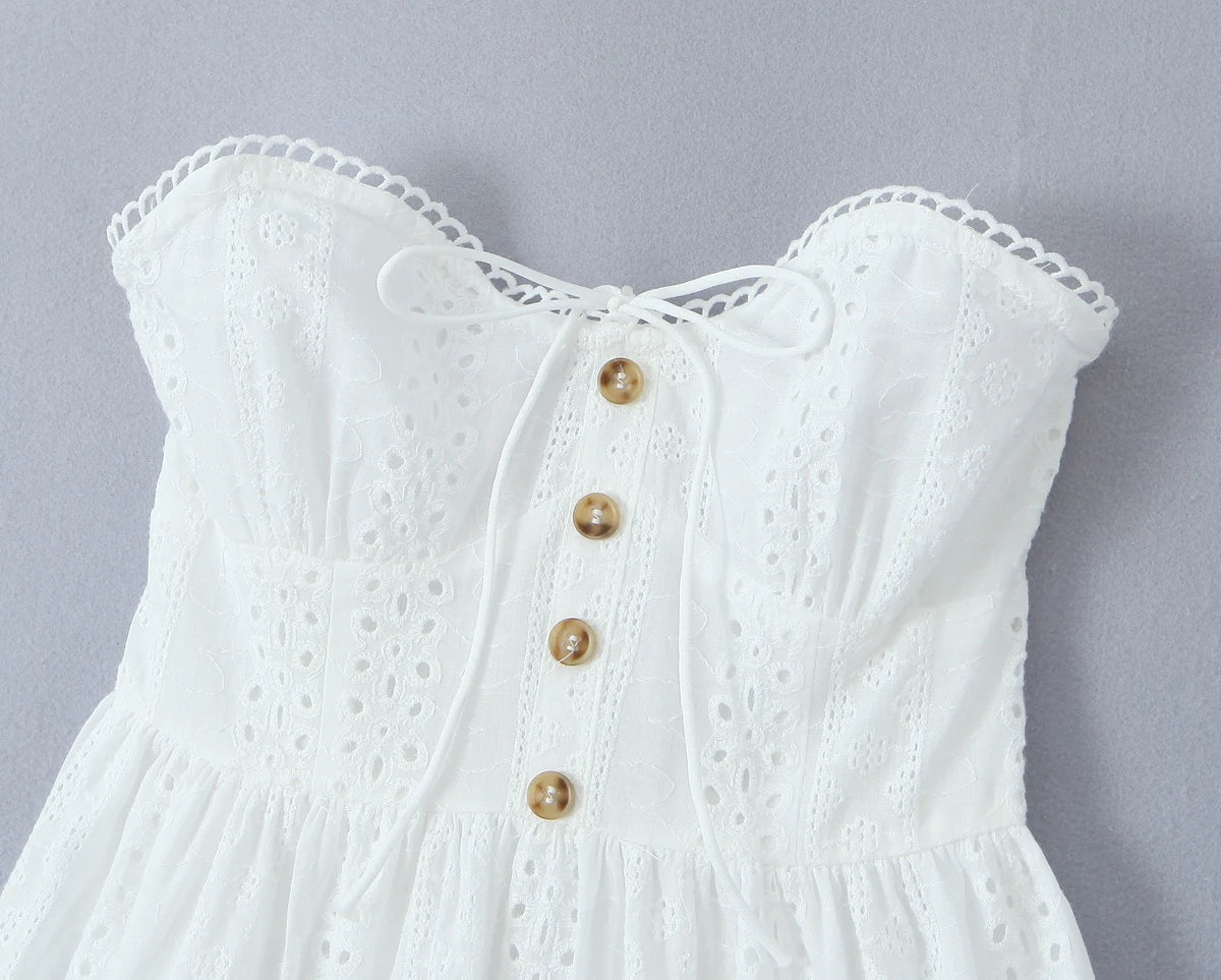 Evening Party Embroideryed Dress Elegant Summer Solid Color White Lace dress Off Shoulder Short Dress Front Tie Back Shirred