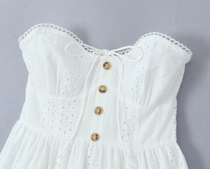 Evening Party Embroideryed Dress Elegant Summer Solid Color White Lace dress Off Shoulder Short Dress Front Tie Back Shirred