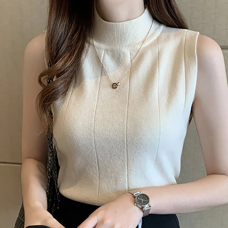 Women Knitted Solid Sweet Crop Tops O-neck Sleeveless Tops for Summer