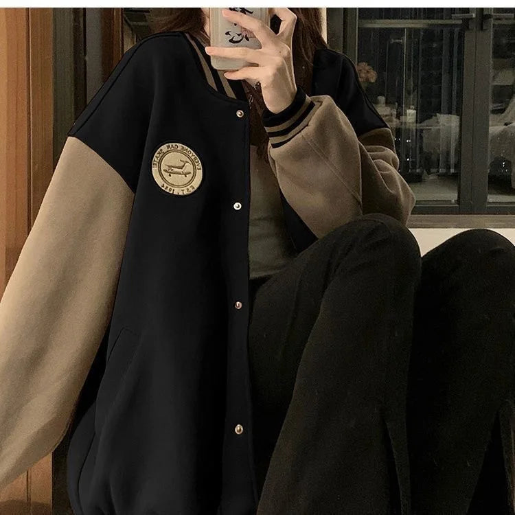 Lazy Style Baseball Jacket for Women in Autumn and Winter, Plush and Thickened Fashion Retro Loose Fitting  Jacket
