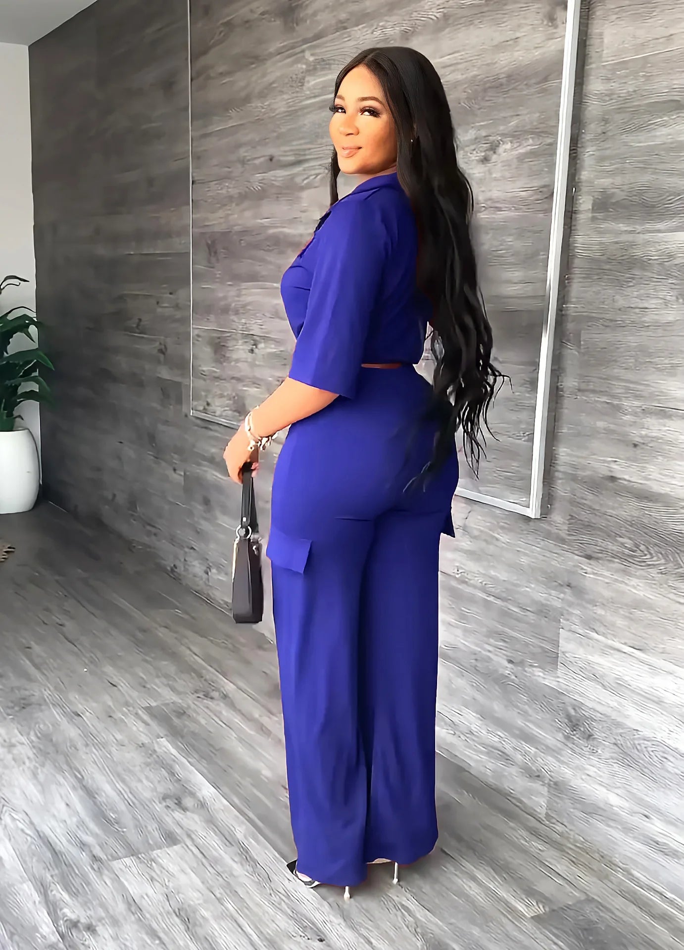 Elegant Office Women Two Piece  Short Shirt + Wide Leg Trousers Set