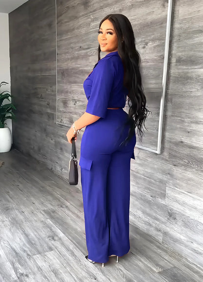 Elegant Office Women Two Piece  Short Shirt + Wide Leg Trousers Set