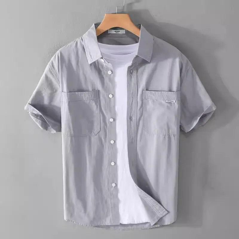 2025 Summer Thin Tops Work Clothes Short-sleeved Shirt Trendy Men Loose Casual Youth Solid Color Versatile Trend