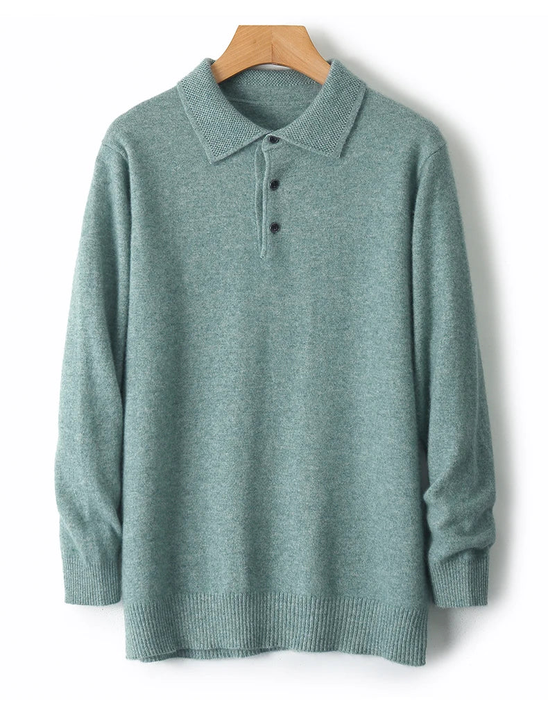 Autumn and winter new 100% pure wool sweater men's POLOL neck sweater lapel button cashmere sweater business bottoming shirt.