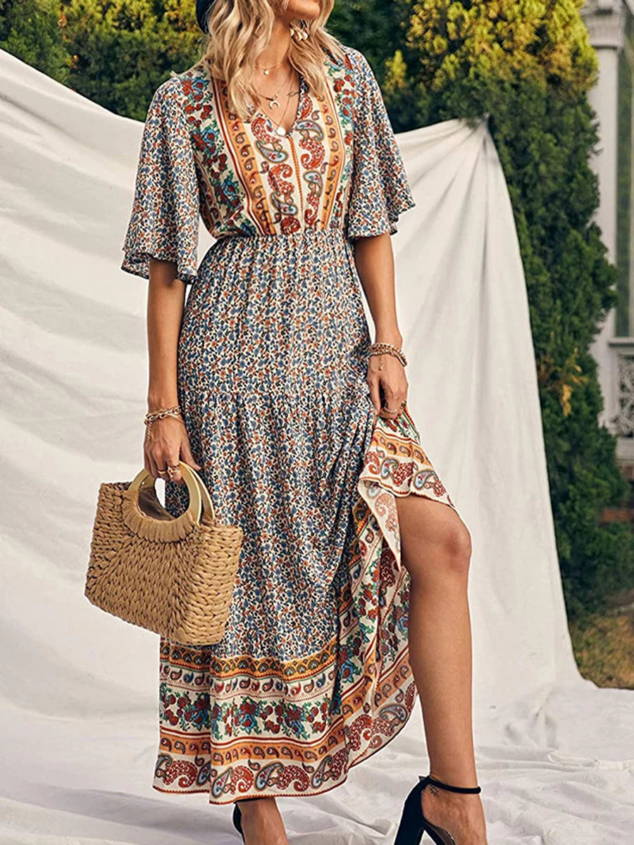 Boho Retro Printed Long Beach Dress Summer Women Flare Short Sleeve V Neck Summer A-Line Dress 2022 Party Elegant Dress