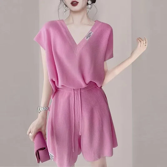 Casual Fashionable V-Neck Shorts Set Summer New Light Elegant Quality Small Size People Will like Short Skirt And Top Set