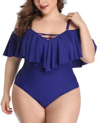 Solid Bikini Lotus Leaf Women Plus Size Swimsuit One Piece Swimwear Swimming New