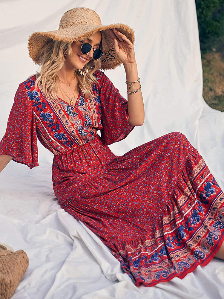 Boho Retro Printed Long Beach Dress Summer Women Flare Short Sleeve V Neck Summer A-Line Dress 2022 Party Elegant Dress