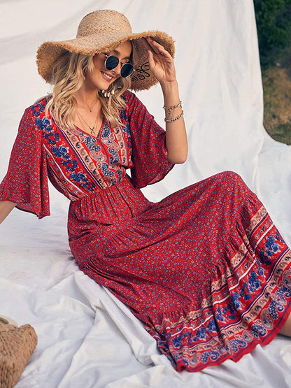 Boho Retro Printed Long Beach Dress Summer Women Flare Short Sleeve V Neck Summer A-Line Dress 2022 Party Elegant Dress