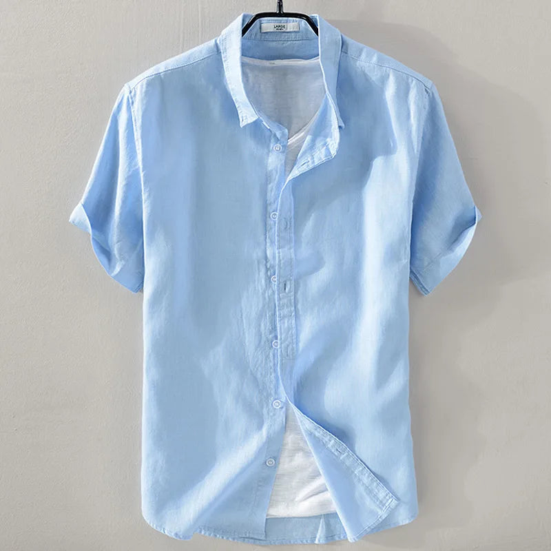 2025 Pure Linen Short Sleeved Shirt Men's Linen White Shirt Cotton Linen Men's Upper Garment Men's Casual Summer Half Sleeved