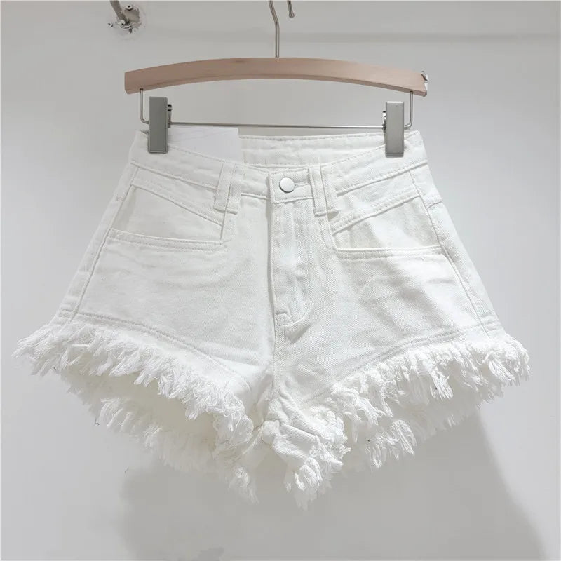 Raw Denim Shorts Women's Jeans New High-waisted Tassel Design A-line Wide-leg Hot Pants Booty Shorts