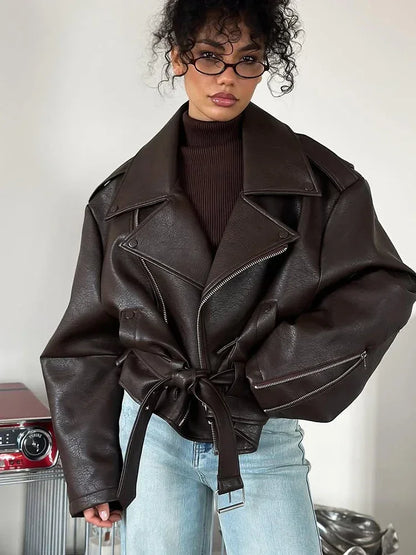 Brown Lapel Leather Bomber Jacket Women's Fashion Full Sleeve Zipper Pocket Lace Up Belt Coat 2025 Autumn High Street Outerwear