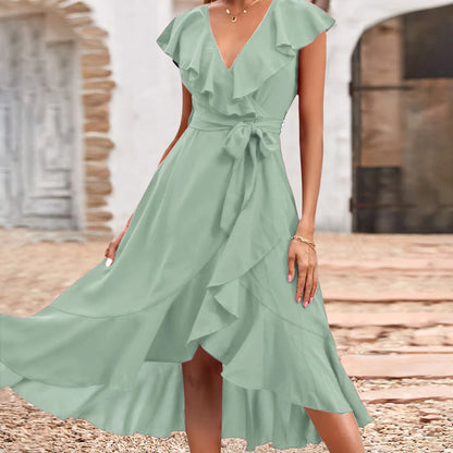 Women's Elegant Solid Ruffle Flying Sleeve Lace Up Skater Midi Dress Summer Ladies Party Holiday Casual Sundress Size S-2XL