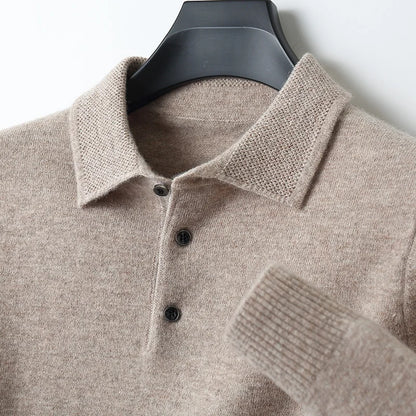 Autumn and winter new 100% pure wool sweater men's POLOL neck sweater lapel button cashmere sweater business bottoming shirt.