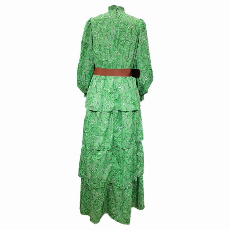 Summer Long Dress Women Stand Collar Fashion Designer Long Sleeve Print Ruffles Vintage High Waist Dresses with Belt