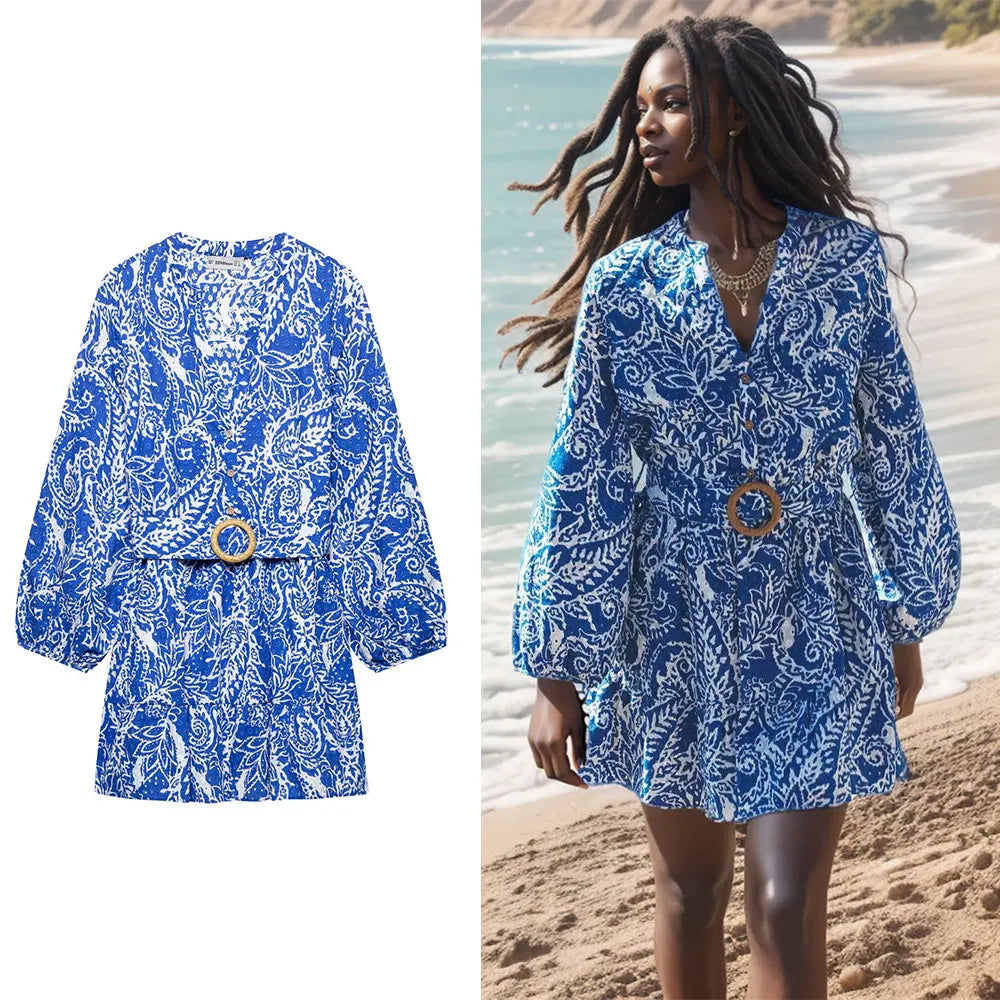 DUOPERI Women With Belt Printed Mini Dress Single Breasted V-Neck High Female Elegance Chic Lady Long Sleeves Dresses