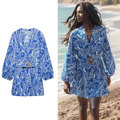 DUOPERI Women With Belt Printed Mini Dress Single Breasted V-Neck High Female Elegance Chic Lady Long Sleeves Dresses