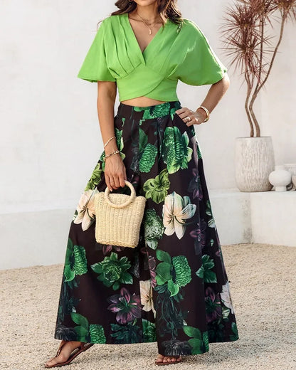 Elegant 2 Pieces for Woman Elegant V-Neck Short Sleeve Ruched Top and Floral Print Pocket Design Wide Leg Pants Sets