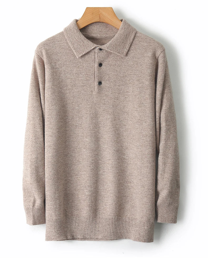 Autumn and winter new 100% pure wool sweater men's POLOL neck sweater lapel button cashmere sweater business bottoming shirt.