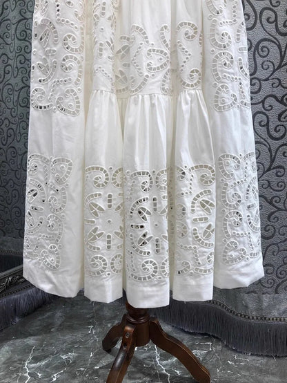New 2025 Spring Long Skirt High Quality Women Elastic Waist Hollow Out Embroidery Luxury Cotton Linen Long Maxi White Skirts
