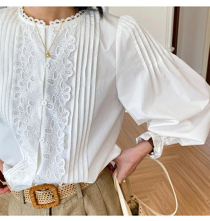 2025 Spring New Women's French White Shirt Splicing Lace Embroidery Design Ladies Shirt Long Sleeve Casual Holiday Beach Tops