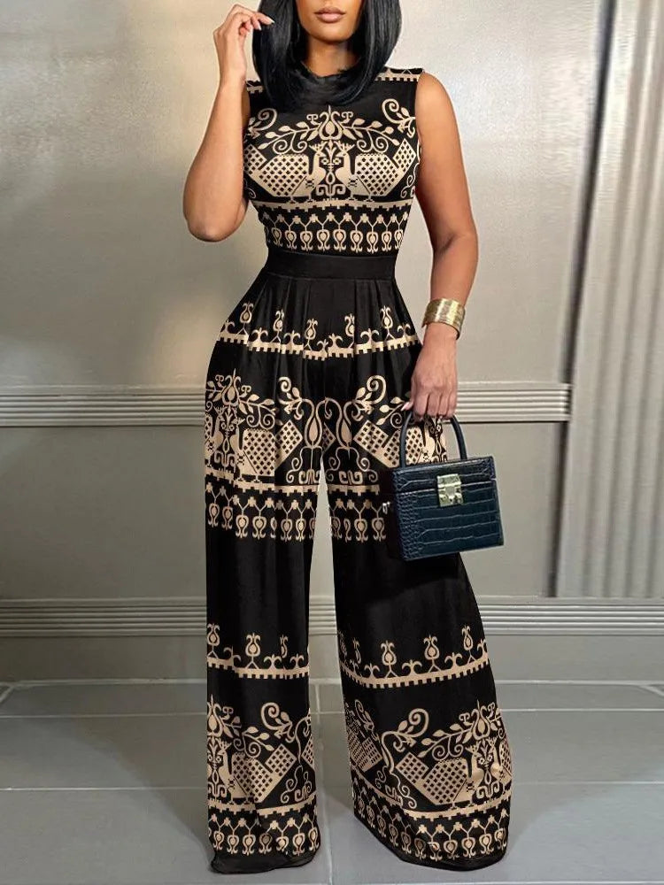 Elegant Women Wide Leg Long Printed Sleeveless Jumpsuits Trouser