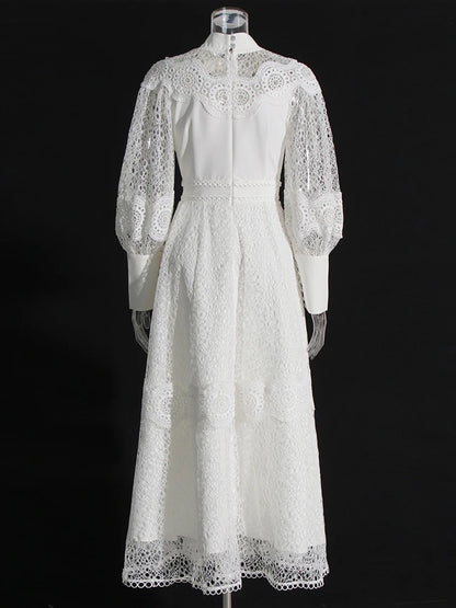 Hollow Out Patchwork Embroidery Stand Collar Lantern Sleeve High Waist Elegant Dresses For Women