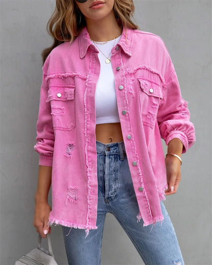 Raw-edges Denim Jacket Women Spring Autumn Shirt Style Jeans coat Casual Top Rose-Red Orange Purple Outerwear Lady Coat