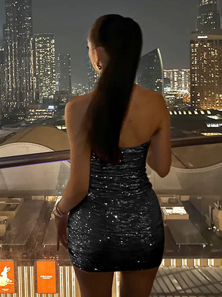 Eyellcart Sequins Off-shoulder Sexy Mini Strapless Feather Backless Bodycon Club Party Sparkle Dress