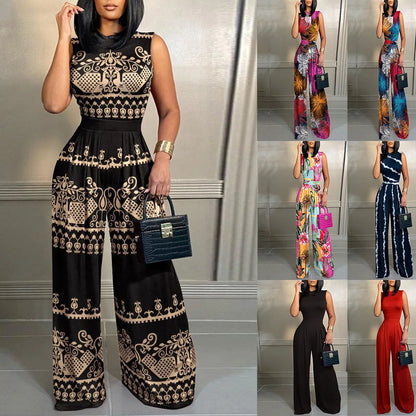 Elegant Women Wide Leg Long Printed Sleeveless Jumpsuits Trouser