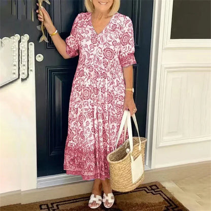 Women V Neck Pullover Button Splicing Dresses Elegant Flower Print Dress New Half Sleeve Gown Commuter Casual Loose Female Frock