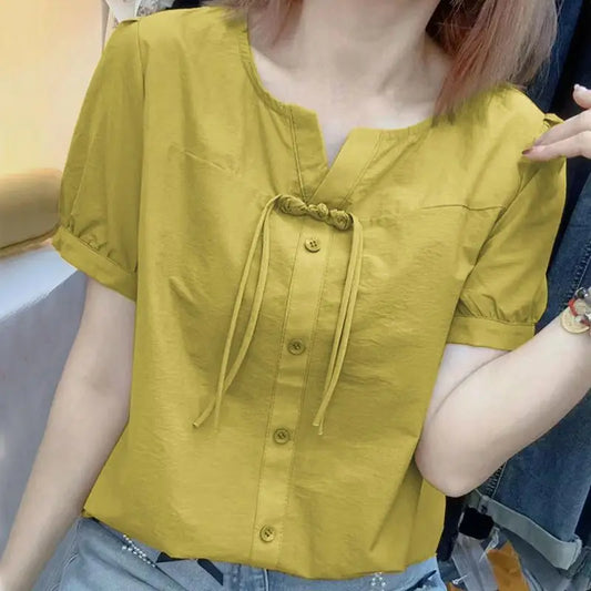 Summer New Cotton Chinese Style Drawstring Short Sleeved Shirt Women's Solid Round Neck Thin Button Waist Collection Loose Top