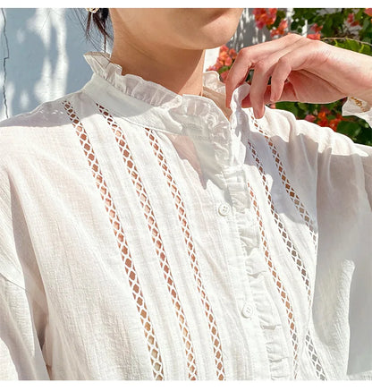 2025 Spring New Women's French White Shirt Splicing Lace Embroidery Design Ladies Shirt Long Sleeve Casual Holiday Beach Tops