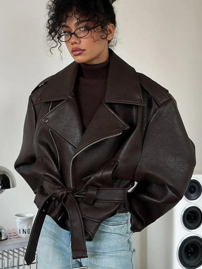 Brown Lapel Leather Bomber Jacket Women's Fashion Full Sleeve Zipper Pocket Lace Up Belt Coat 2025 Autumn High Street Outerwear
