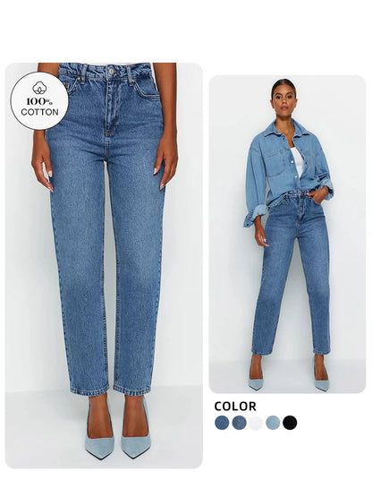 Women's 100% Cotton High Waist Turnip Jeans New Spring Autumn Pants Casual Trousers