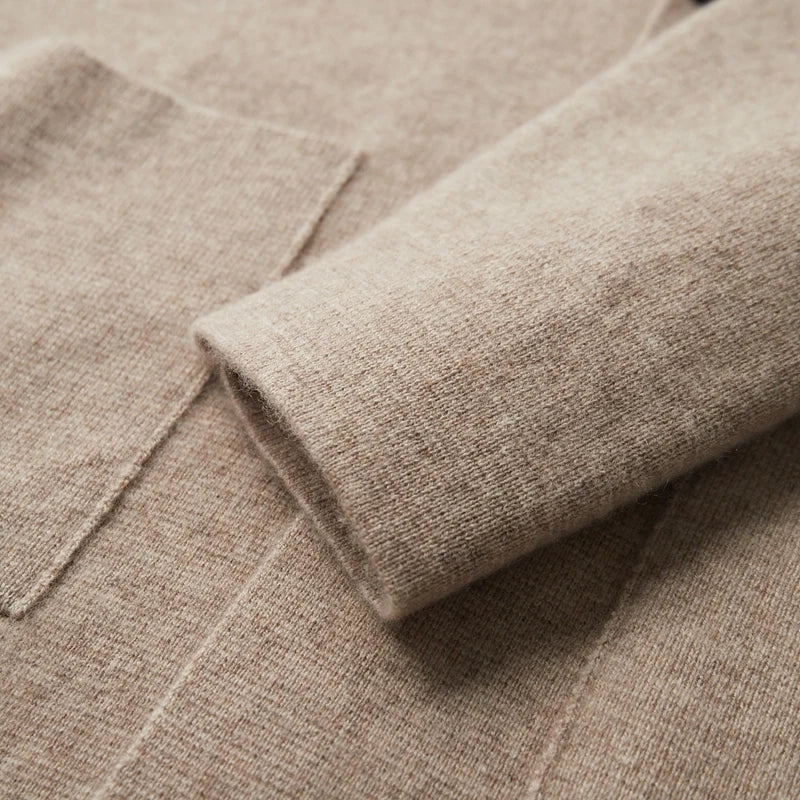 Autumn Winter New 100% Merino Wool Men's Suit Collar Knitted Cardigan Thickened Solid Color Suit Shirt Cashmere Sweater Jacket